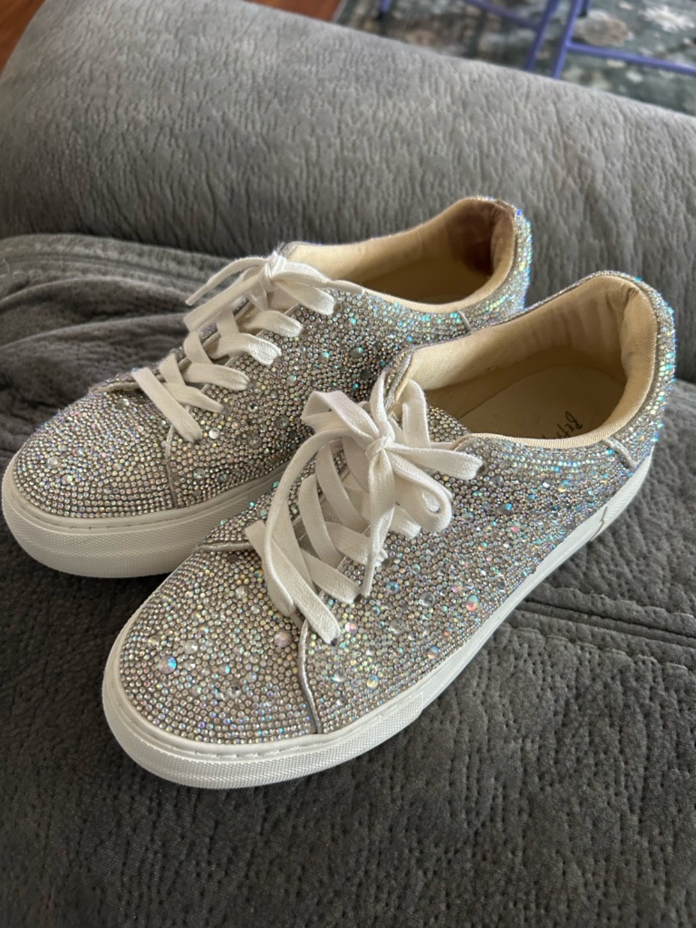 Betsey Johnson Iridescent Crystal-Embellished White Platform Sneakers